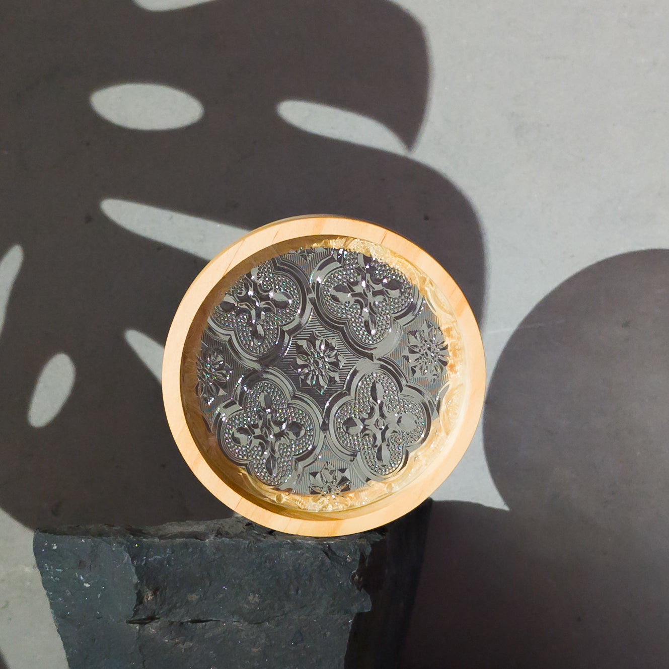 Pine Wood Round Tray with Window-Cut Glass Inlay