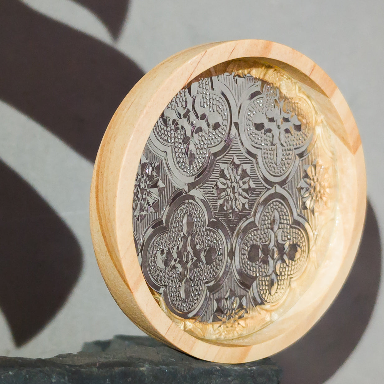 Pine Wood Round Tray with Window-Cut Glass Inlay